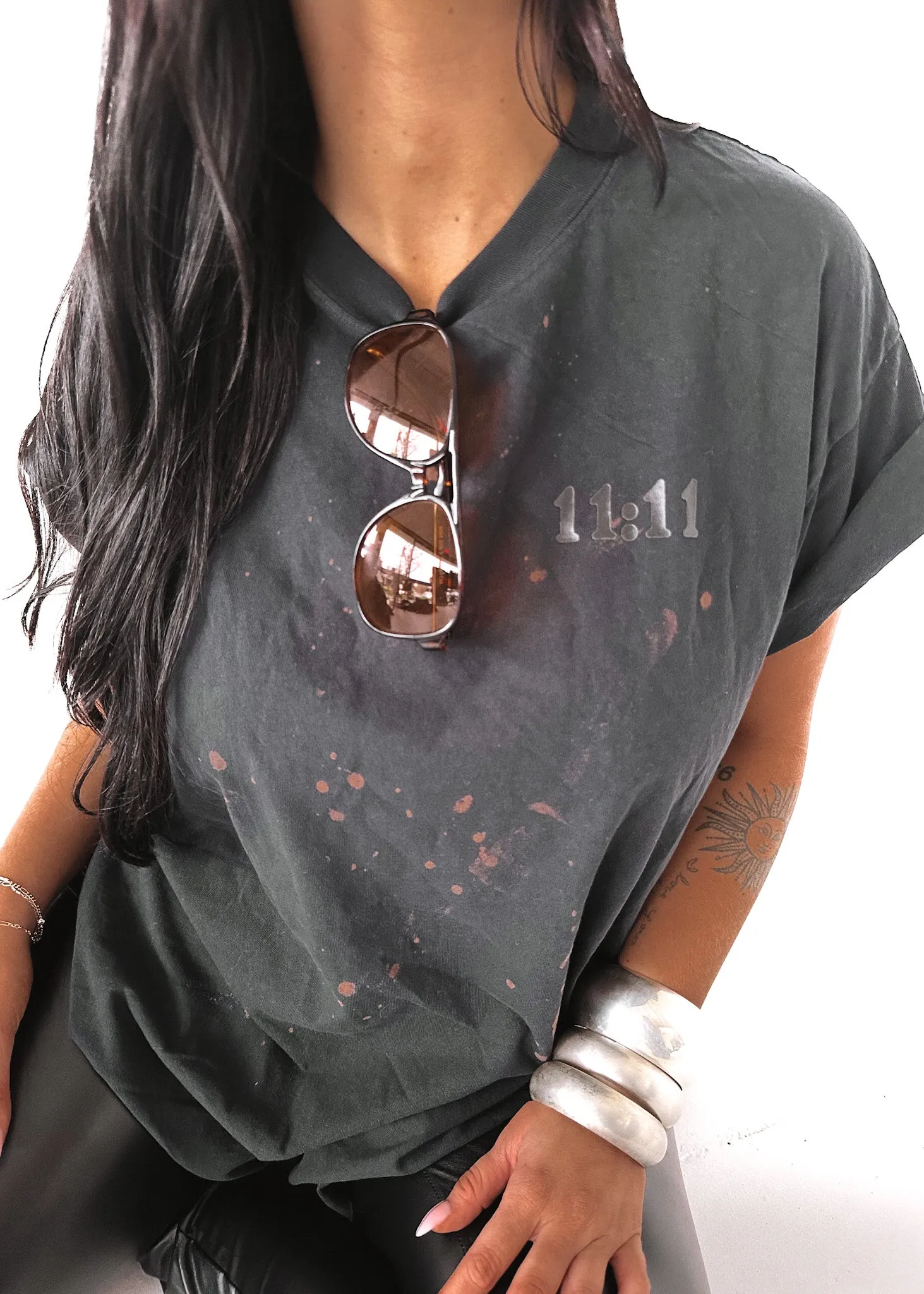 11:11 ANGEL NUMBERS BLEACHED OUT SIDE SLIT TEE