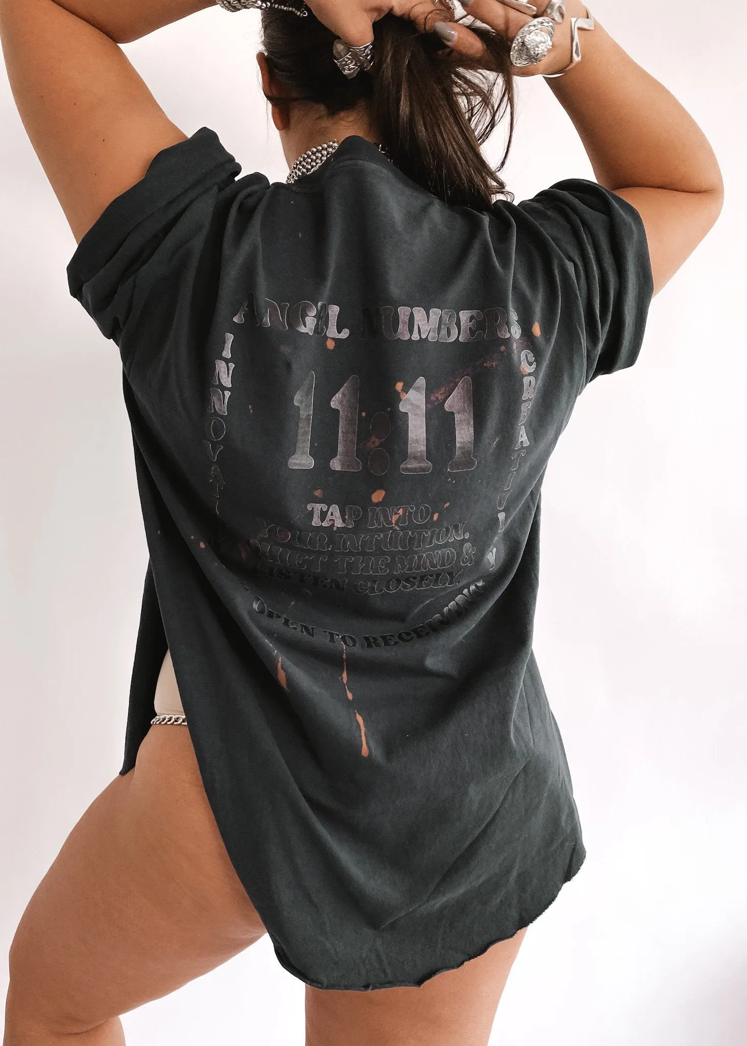 11:11 ANGEL NUMBERS BLEACHED OUT SIDE SLIT TEE