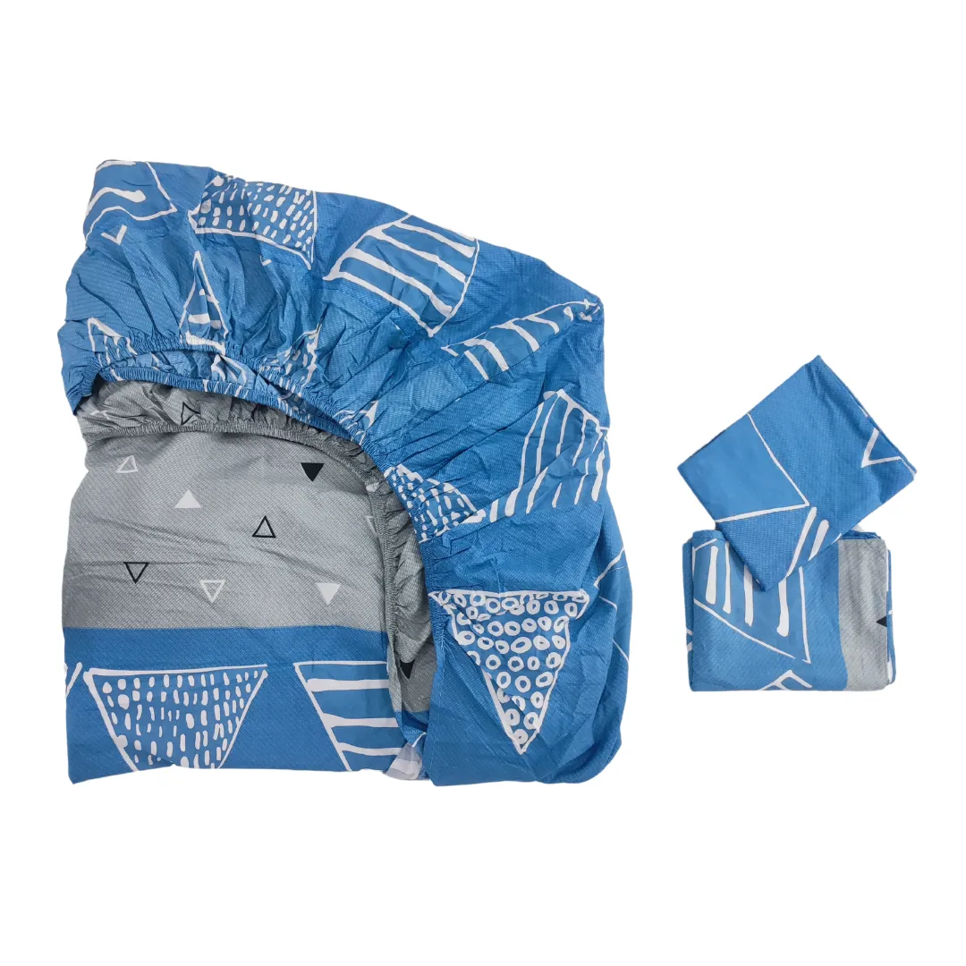 3PC Bedsheet Set  King | 100% Cotton (Design 7) Blue/Gray