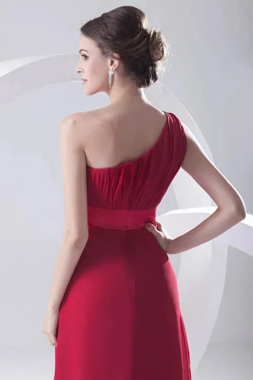 Actual Pictures Dark Red Cheap Chiffon Bridesmaid Dress One Shoulder Backless Maid of Honor Wedding Guest Dresses Cheap Long ZPT205