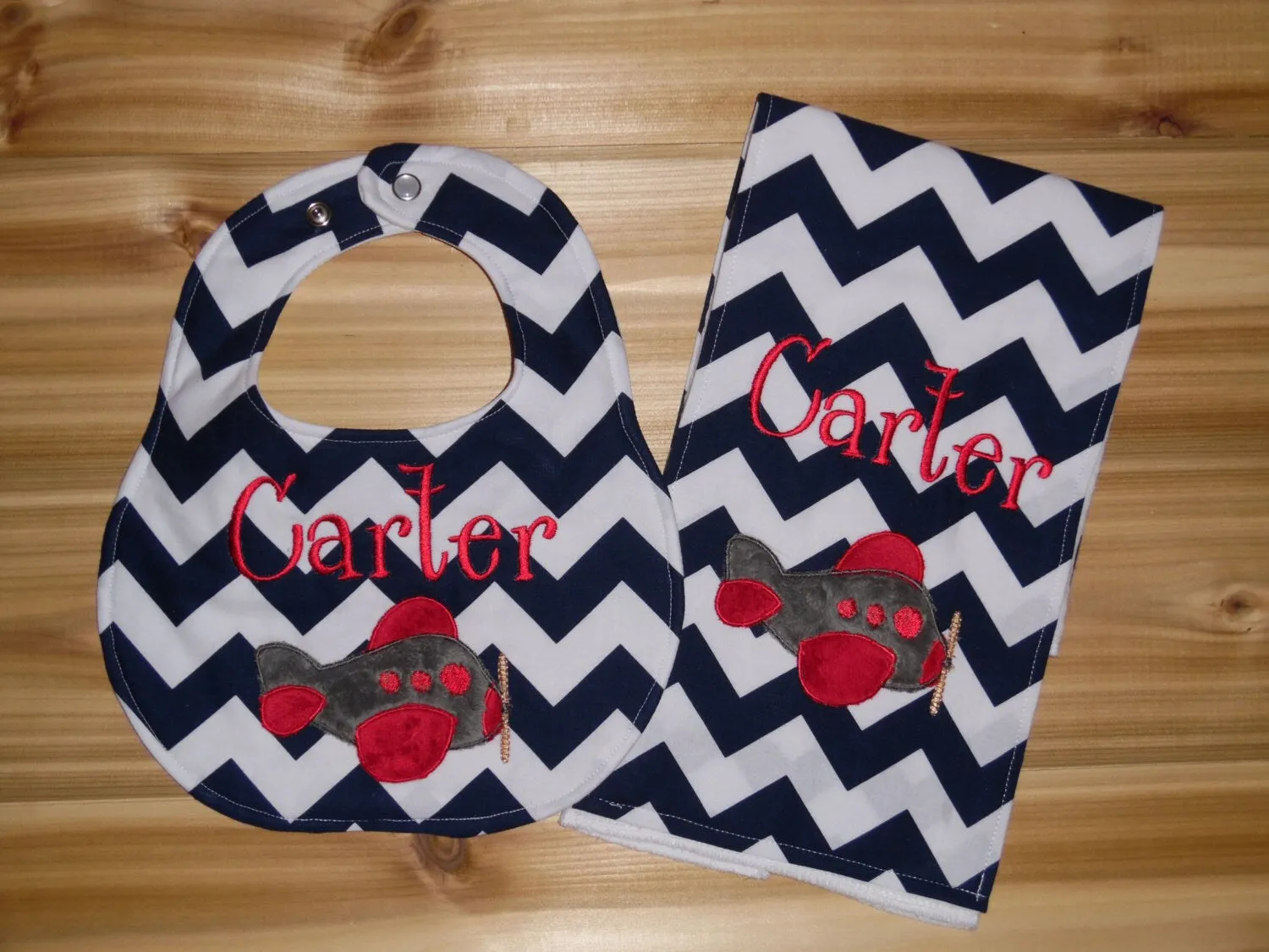 Airplane Bib & Burp Cloth - Custom Monogram - Medium Navy Chevron Boutique Bib and Burp Cloth set