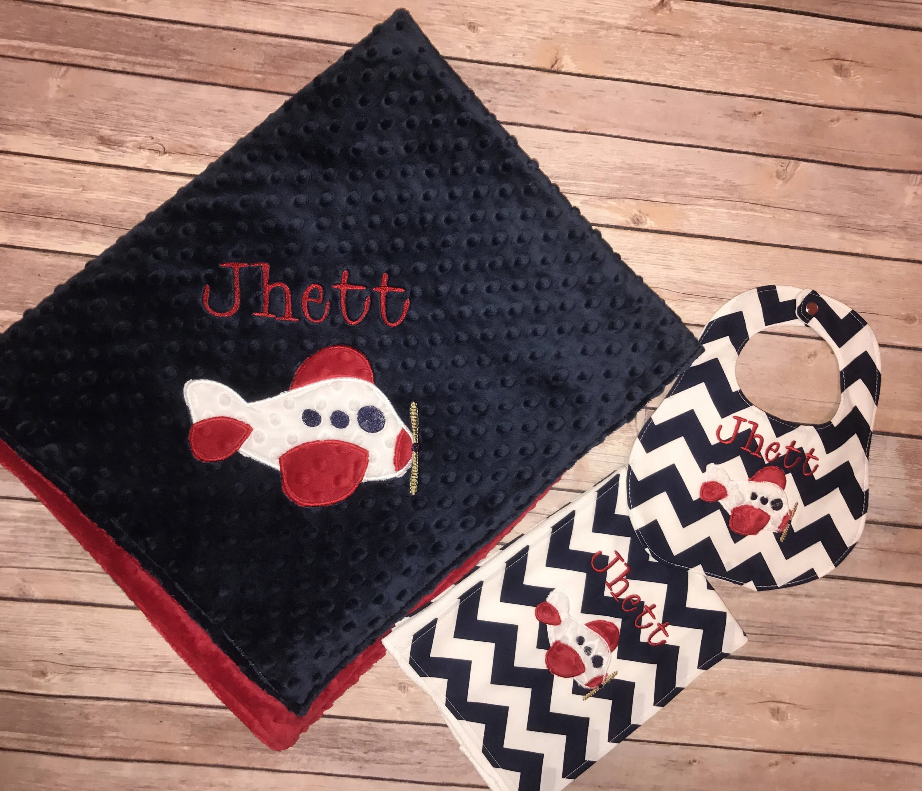 Airplane Bib & Burp Cloth - Custom Monogram - Medium Navy Chevron Boutique Bib and Burp Cloth set