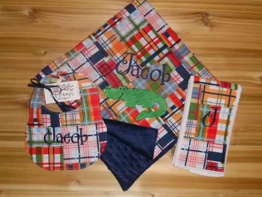 Alligator- Personalized Madras Baby Minky Blanket and Bib & Burp Cloth