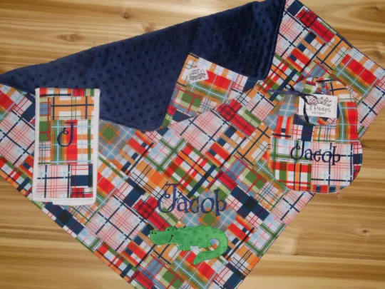 Alligator- Personalized Madras Baby Minky Blanket and Bib & Burp Cloth