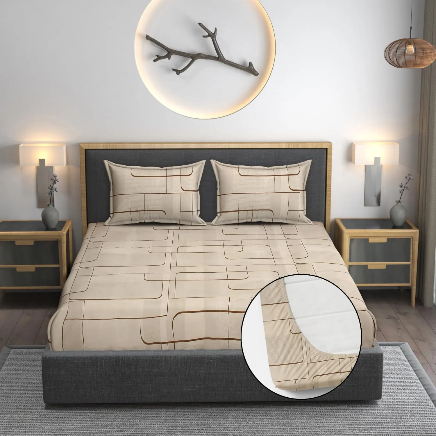 AMEYAA 350 TC Cotton Feel Glace Cotton All Around Elastic Fitted Bedsheets King Size | Premium Super Soft Fitted Bedsheet King Size for Double Bed | Fits Up to 8 to 10 Inches, 78 x 72, Color Beige Box
