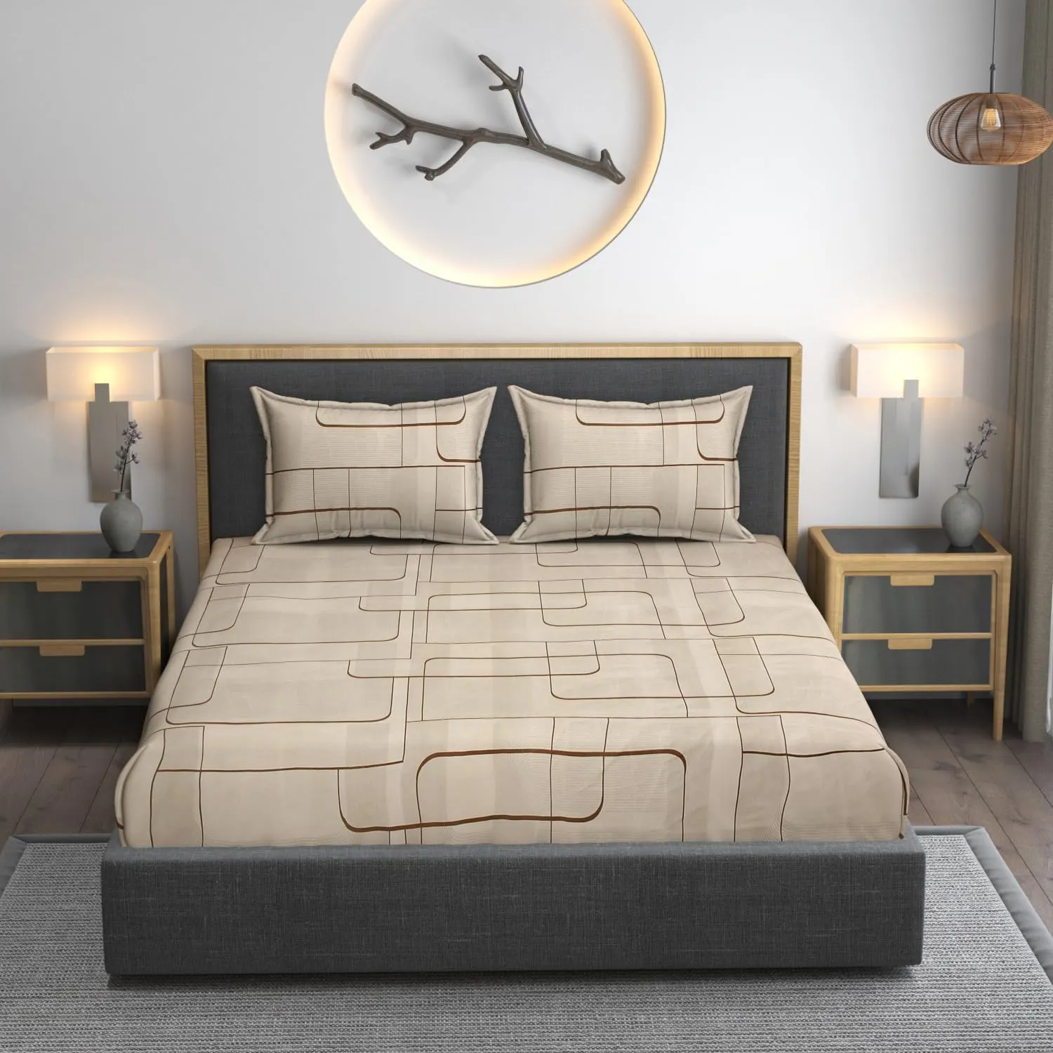 AMEYAA 350 TC Cotton Feel Glace Cotton All Around Elastic Fitted Bedsheets King Size | Premium Super Soft Fitted Bedsheet King Size for Double Bed | Fits Up to 8 to 10 Inches, 78 x 72, Color Beige Box