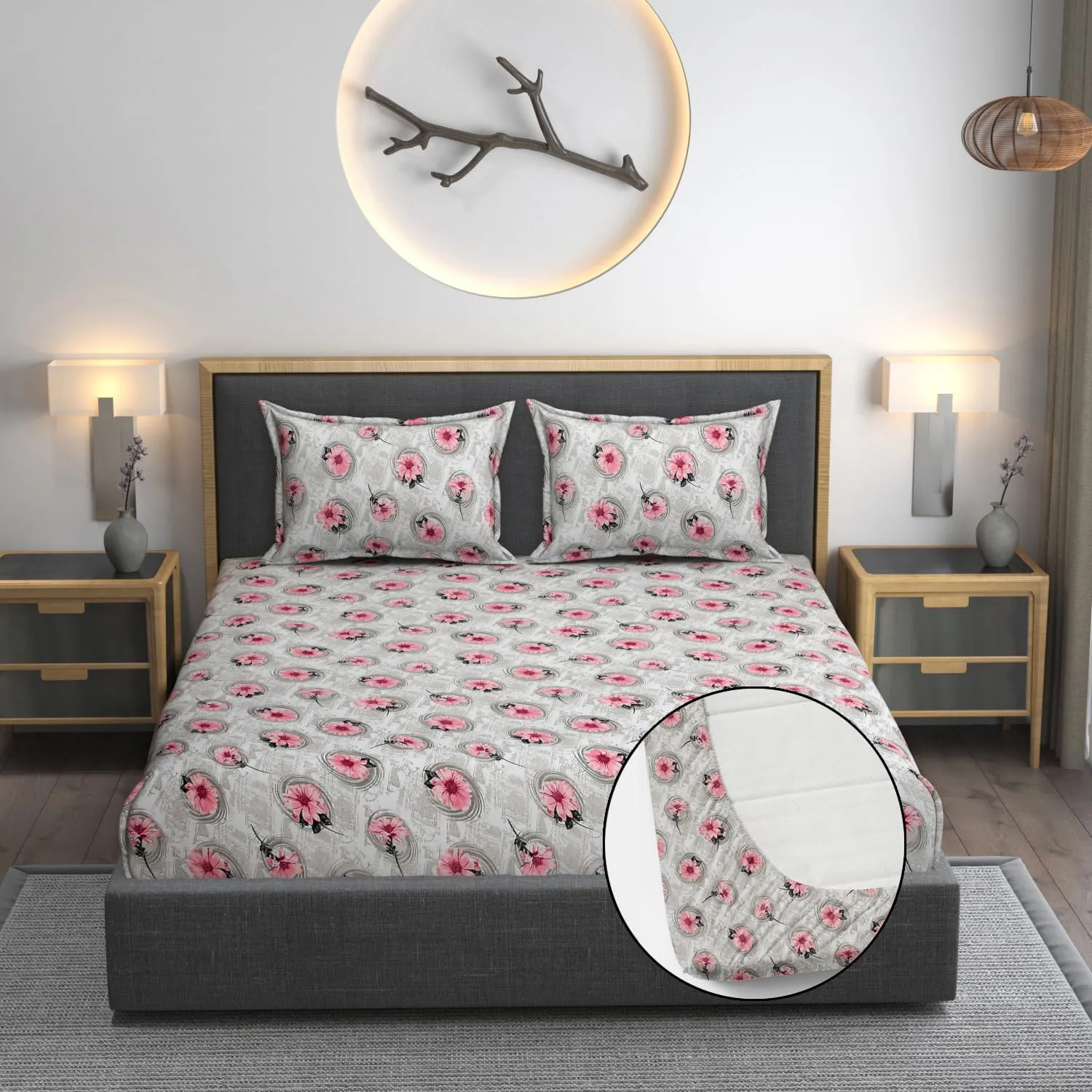 AMEYAA 350 TC Cotton Feel Glace Cotton All Around Elastic Fitted Bedsheets Queen Size | Premium Super Soft Fitted Bedsheet Queen Size for Double Bed | Fits Up to 8 to 10 Inches, 78 x 60, Color Pink