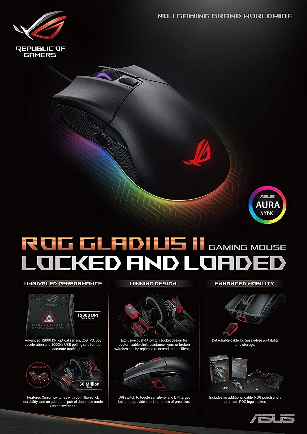 ASUS ROG Gladius II Aura Sync USB Wired Optical Ergonomic Gaming Mouse