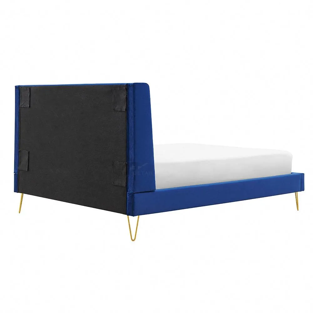 Athena Velvet Double Wingback Bed Frame with Gold Legs, Blue