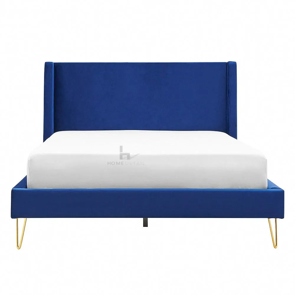 Athena Velvet Double Wingback Bed Frame with Gold Legs, Blue