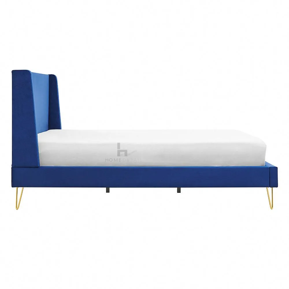 Athena Velvet Double Wingback Bed Frame with Gold Legs, Blue