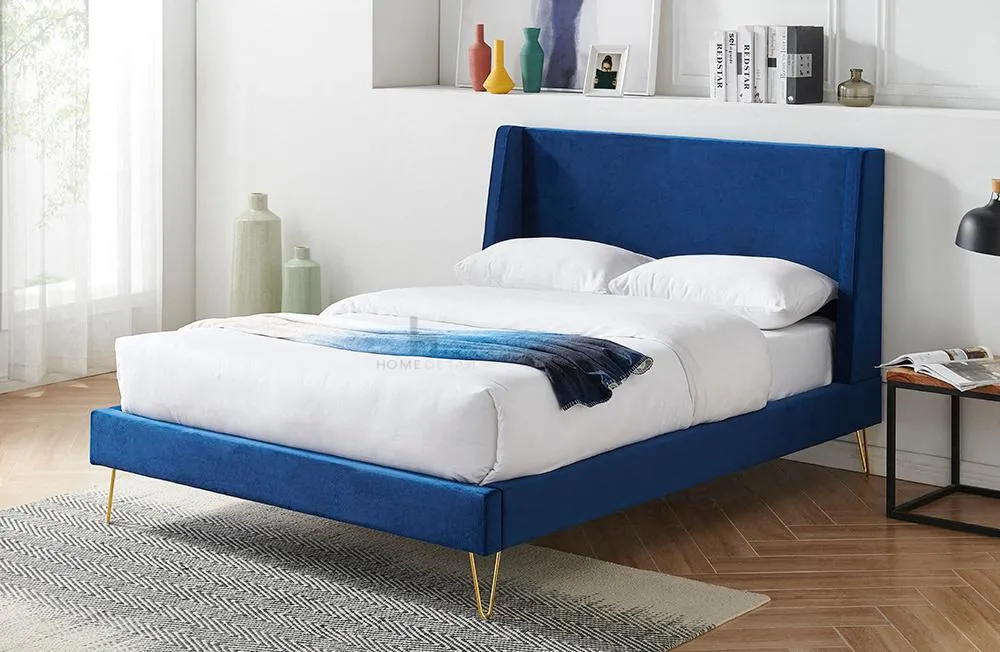 Athena Velvet Double Wingback Bed Frame with Gold Legs, Blue