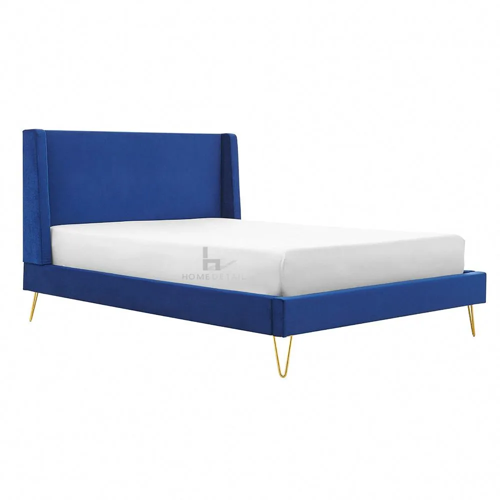 Athena Velvet Double Wingback Bed Frame with Gold Legs, Blue