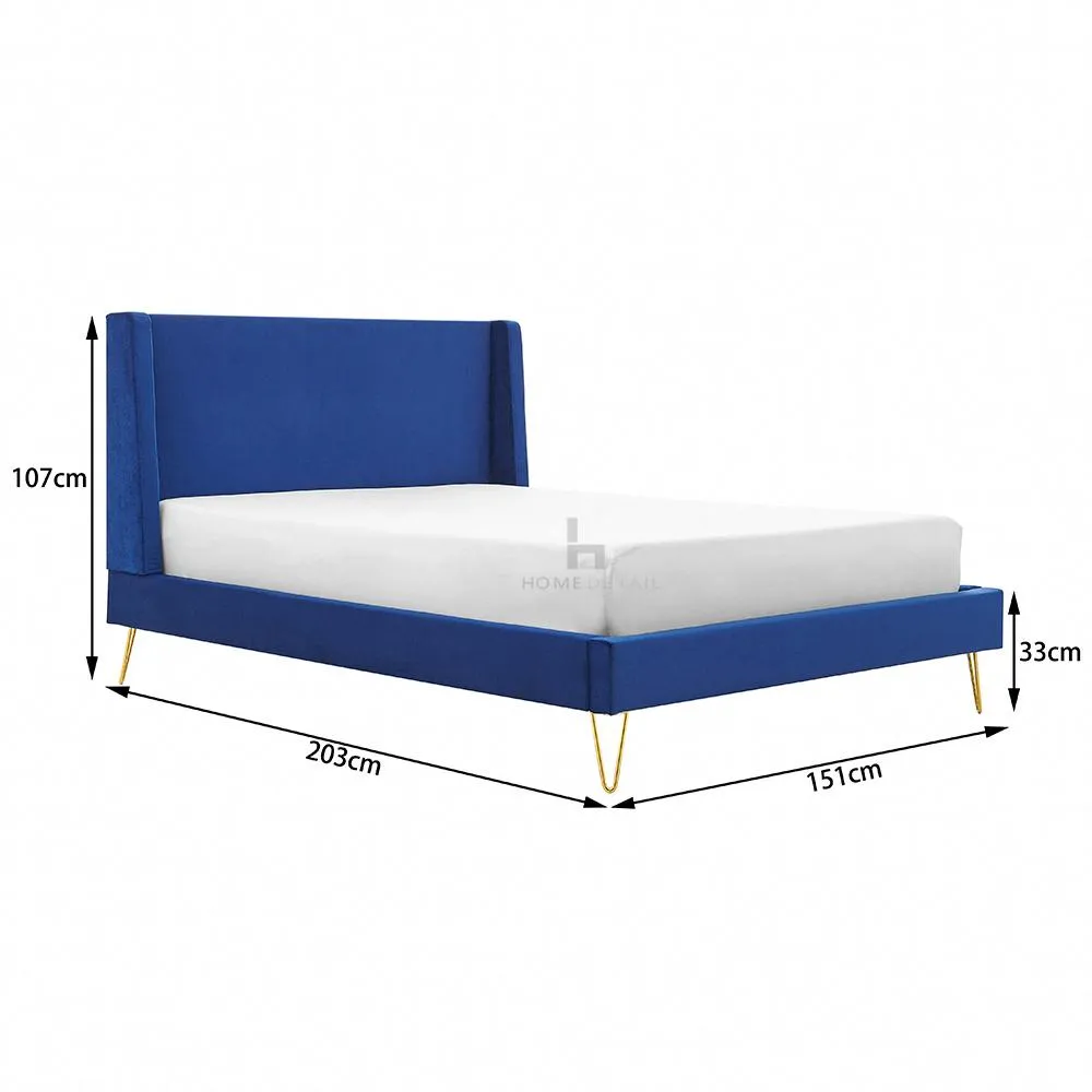 Athena Velvet Double Wingback Bed Frame with Gold Legs, Blue