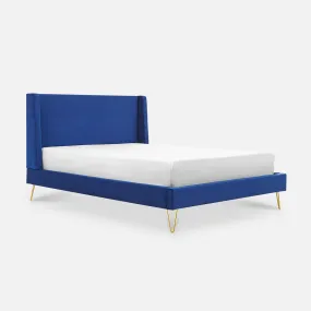Athena Velvet Double Wingback Bed Frame with Gold Legs, Blue