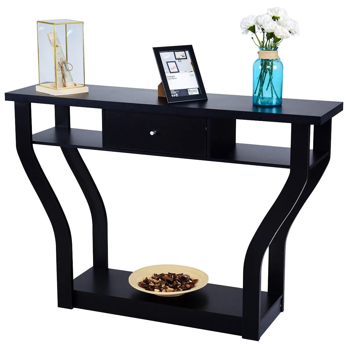 Black Accent Console Table Modern Sofa Entryway Hallway Hall Furniture W/Drawer