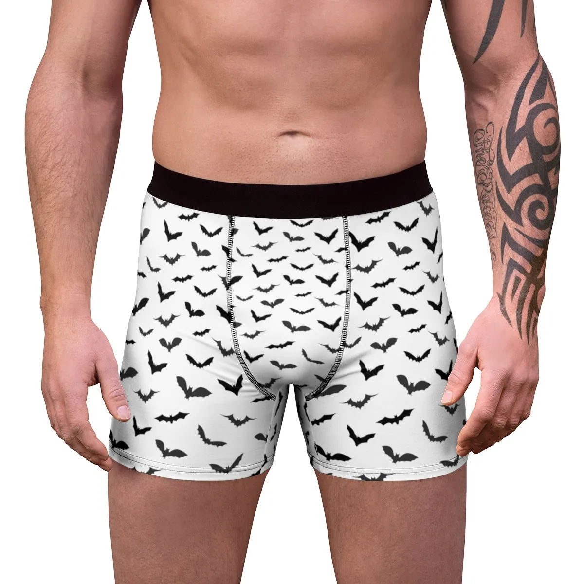 Black Bats Men's Trunks, White Sexy Flying Bats Gay Fetish Boxer Briefs (US Size: XS-3XL)