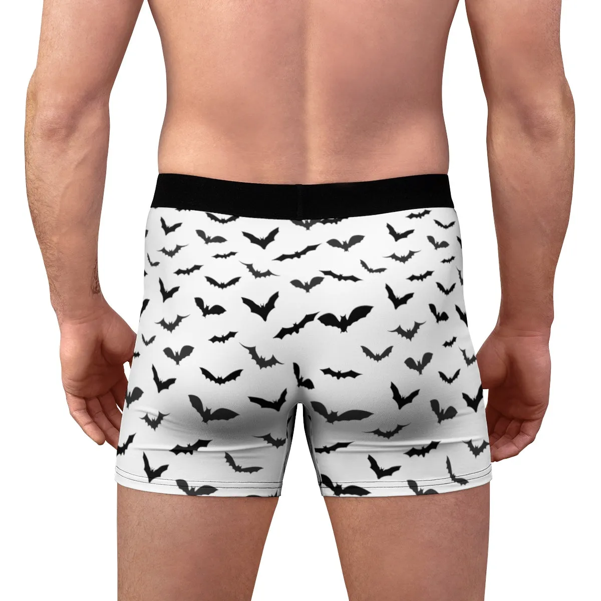 Black Bats Men's Trunks, White Sexy Flying Bats Gay Fetish Boxer Briefs (US Size: XS-3XL)