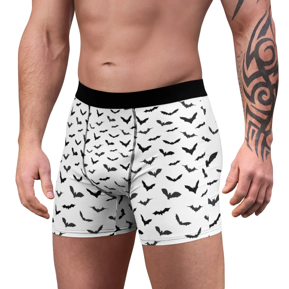 Black Bats Men's Trunks, White Sexy Flying Bats Gay Fetish Boxer Briefs (US Size: XS-3XL)