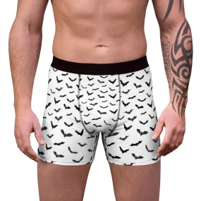 Black Bats Men's Trunks, White Sexy Flying Bats Gay Fetish Boxer Briefs (US Size: XS-3XL)