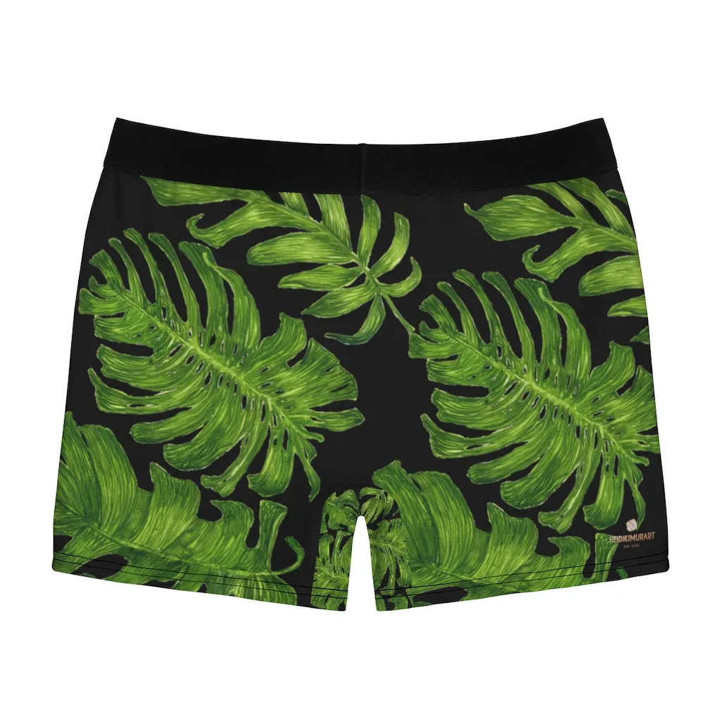 Black Green Tropical Men's Underwear, Hawaiian Style Boxer Briefs, Elastic Palm Leaf Print Sexy Underwear