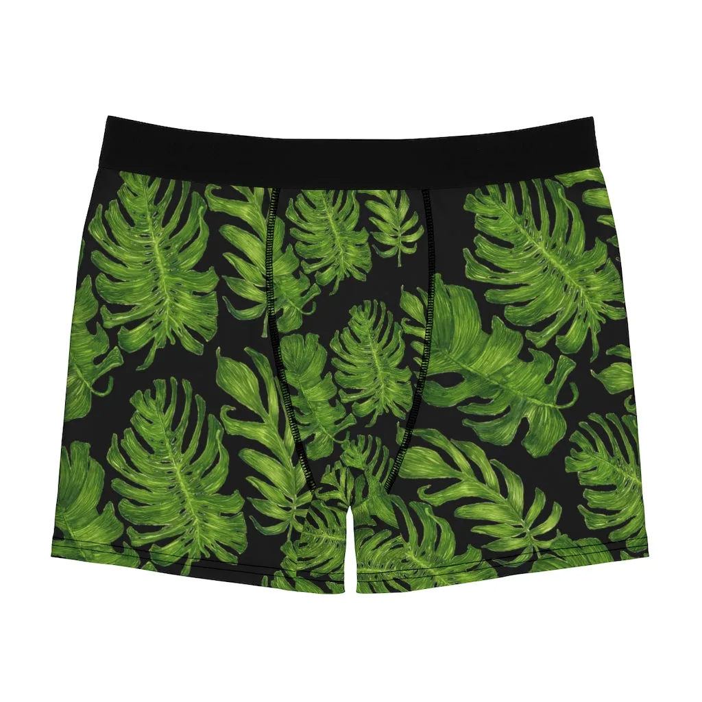 Black Green Tropical Men's Underwear, Hawaiian Style Boxer Briefs, Elastic Palm Leaf Print Sexy Underwear