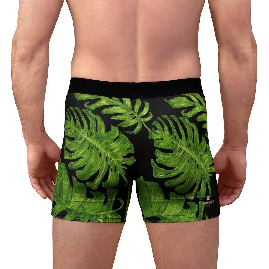 Black Green Tropical Men's Underwear, Hawaiian Style Boxer Briefs, Elastic Palm Leaf Print Sexy Underwear
