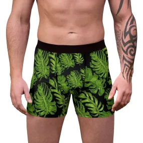 Black Green Tropical Men's Underwear, Hawaiian Style Boxer Briefs, Elastic Palm Leaf Print Sexy Underwear
