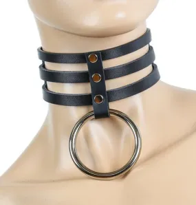 Black Leather Bondage Collar w/ 3 Line Strap Design and Large Silver Sub Ring Detail