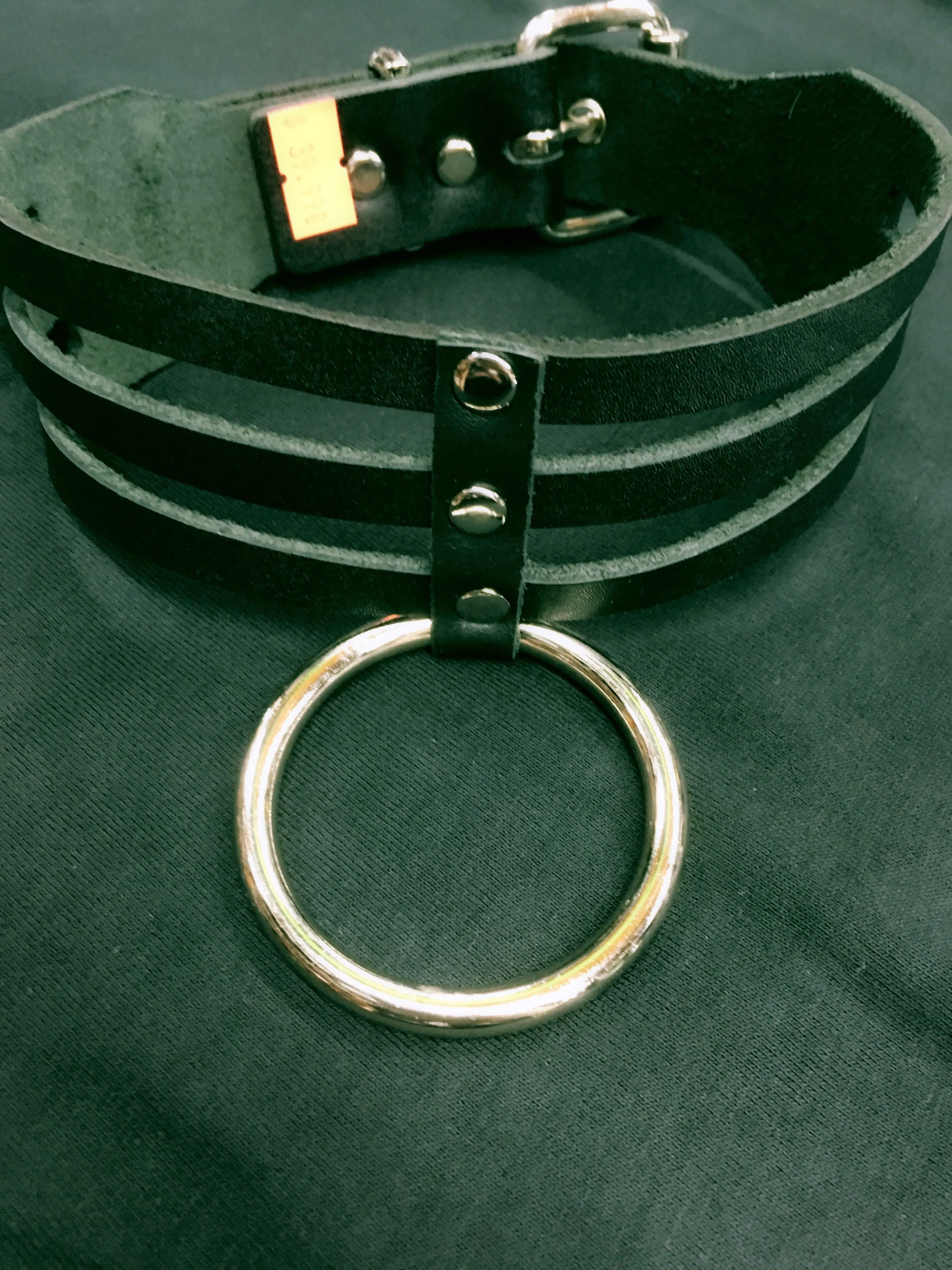 Black Leather Bondage Collar w/ 3 Line Strap Design and Large Silver Sub Ring Detail