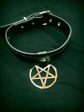 Black Leather Collar w/ Hanging Pentagram Detail