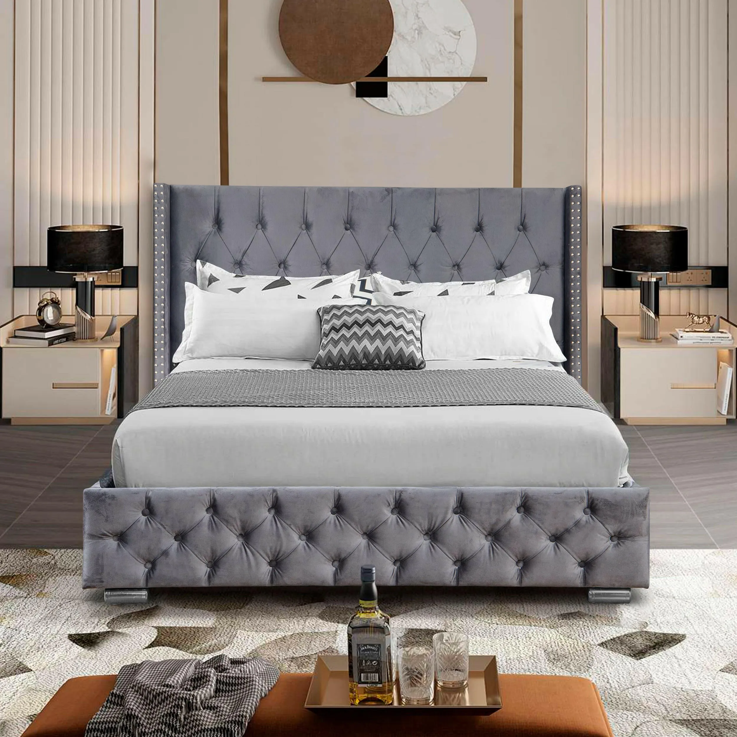 Blisswood Velvet Quilted Cross Design Ottoman Storage Bed With Mattress Included