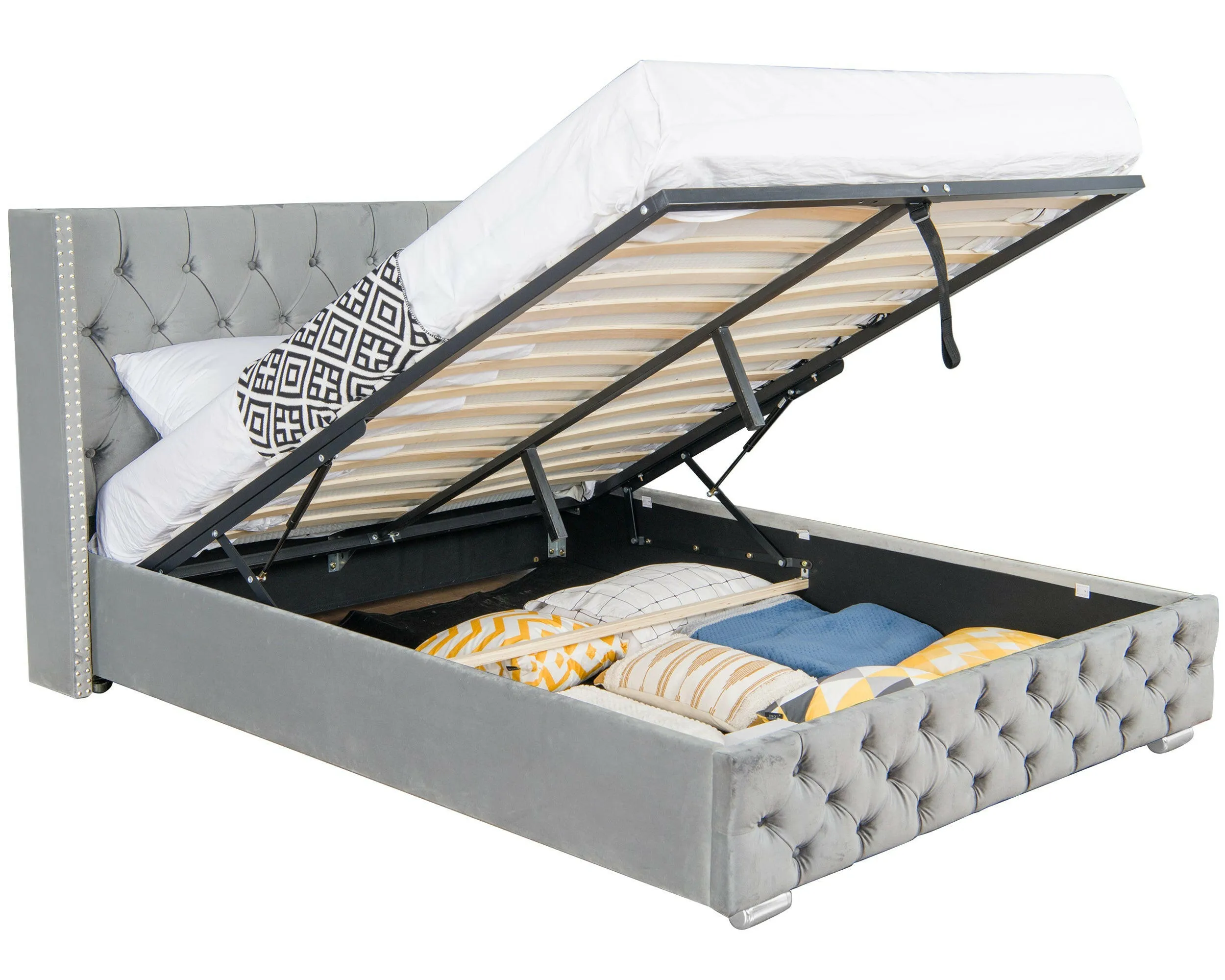 Blisswood Velvet Quilted Cross Design Ottoman Storage Bed With Mattress Included