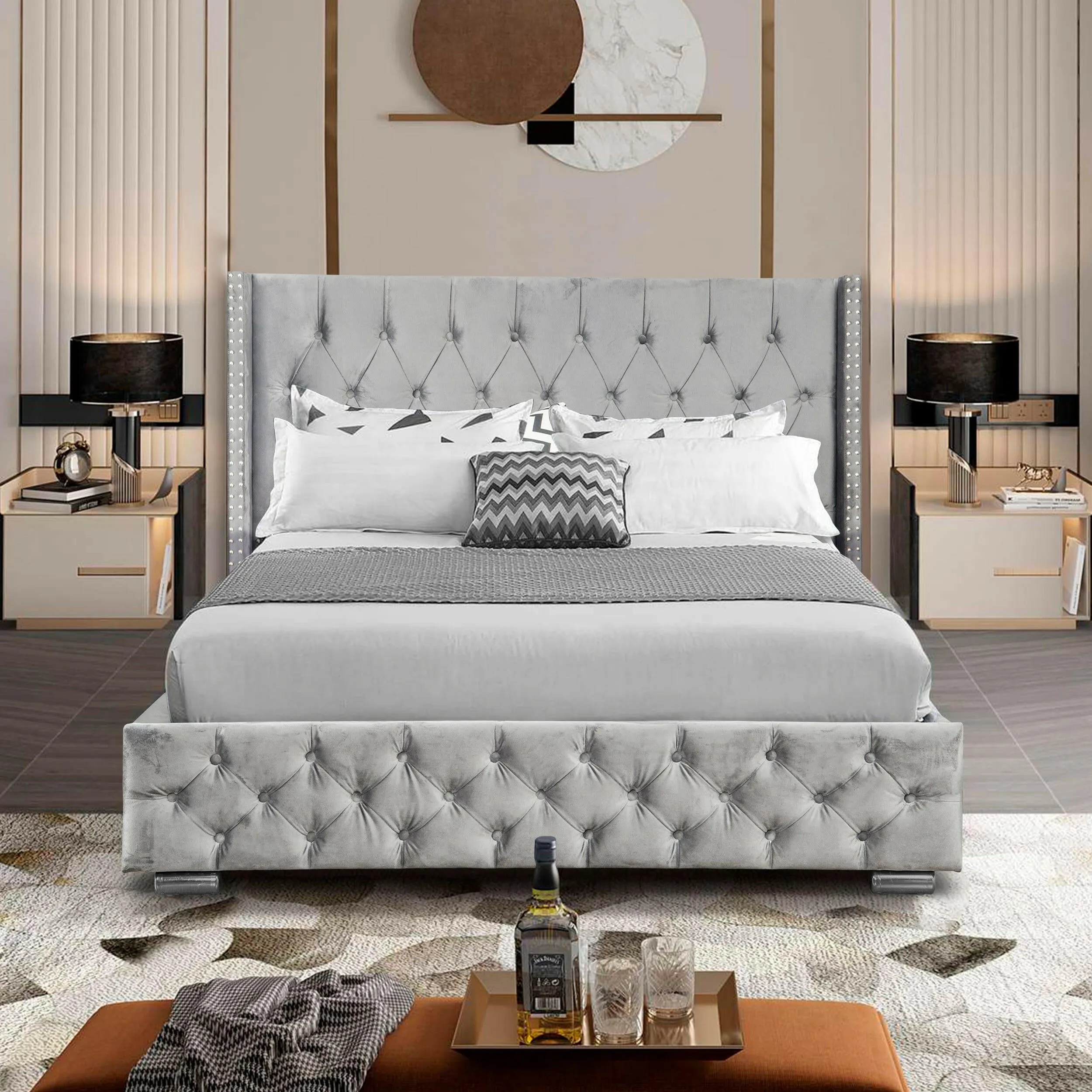 Blisswood Velvet Quilted Cross Design Ottoman Storage Bed With Mattress Included