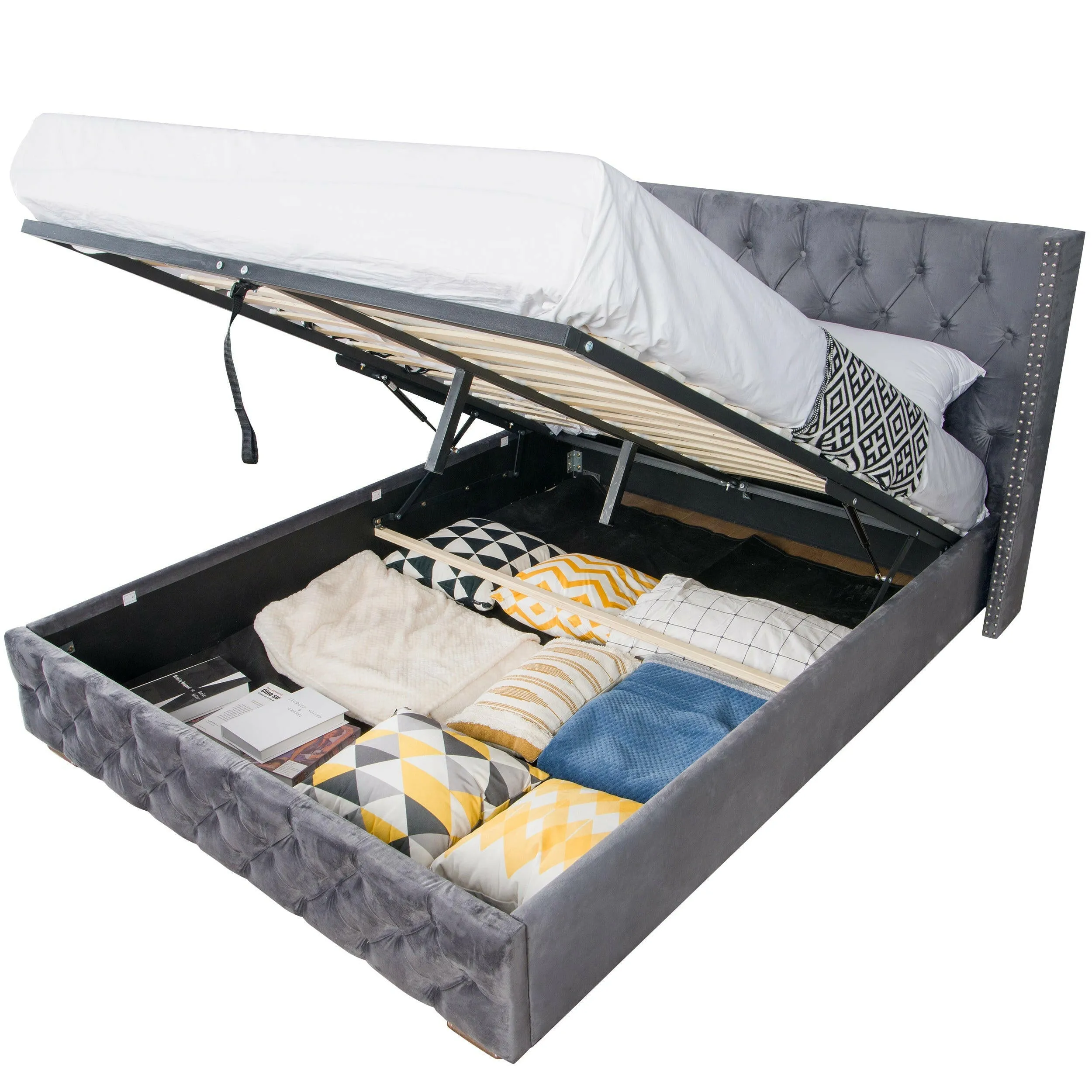 Blisswood Velvet Quilted Cross Design Ottoman Storage Bed With Mattress Included