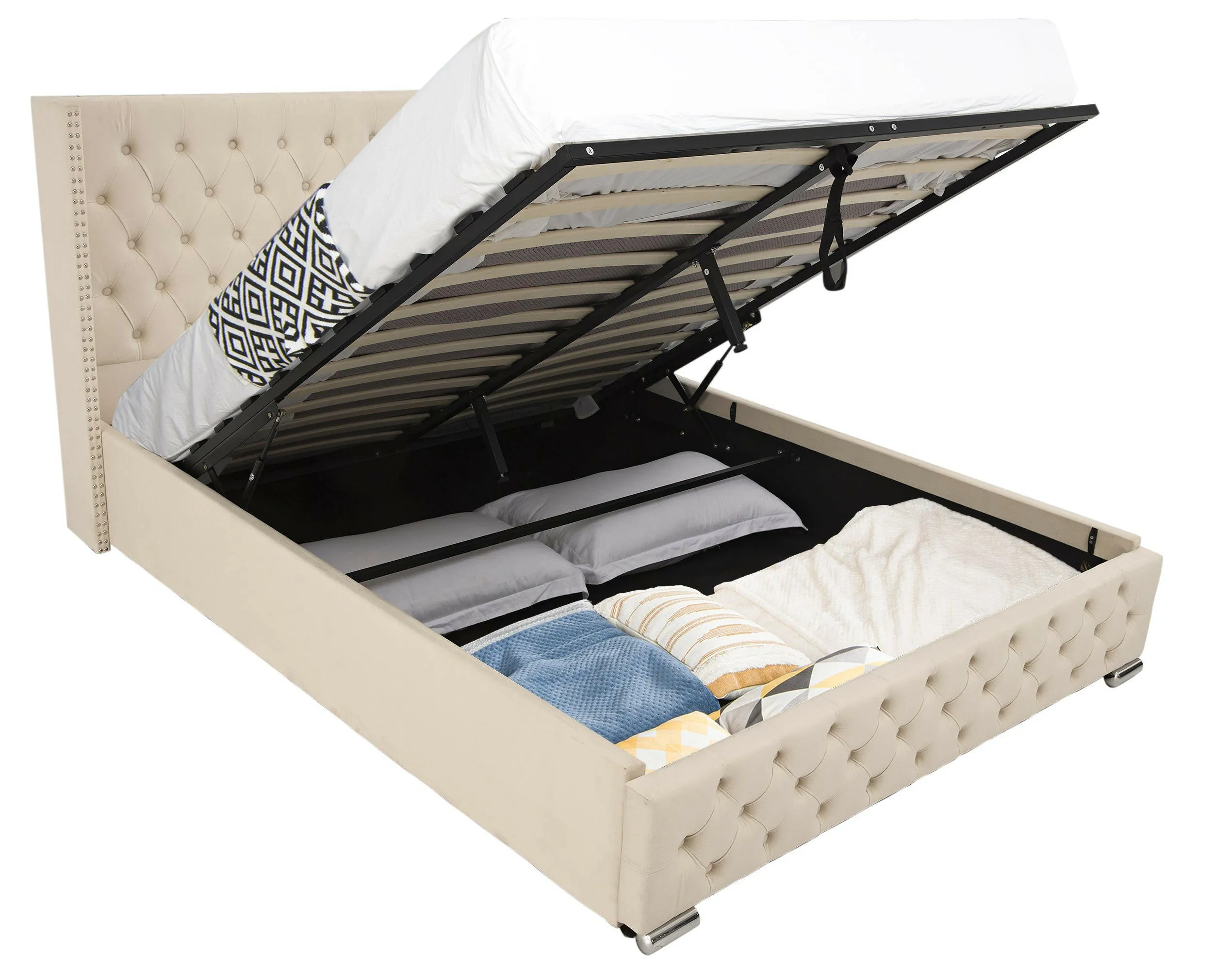 Blisswood Velvet Quilted Cross Design Ottoman Storage Bed With Mattress Included