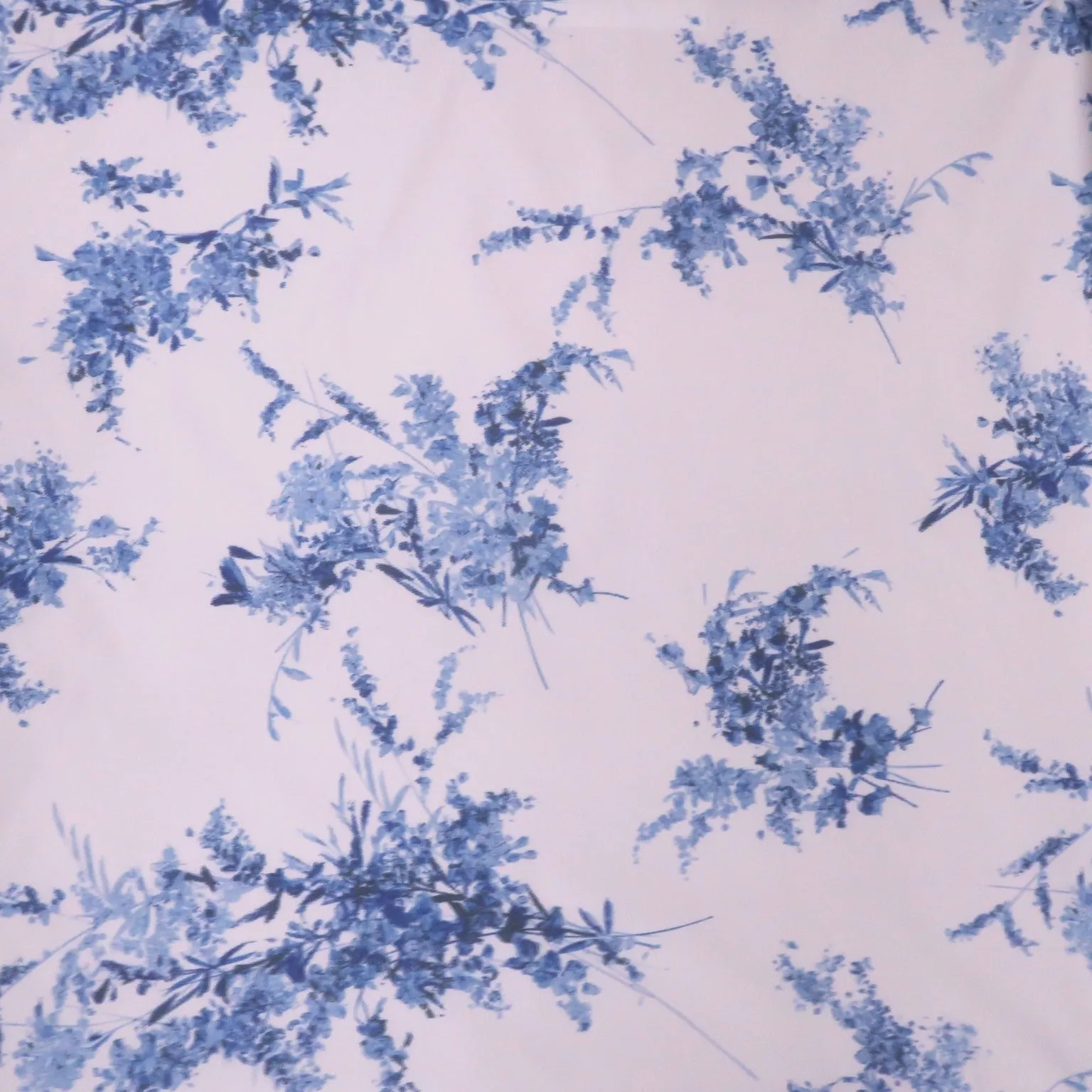 Blue Florals on White Background Printed Chine Raso Duchesse Fabric