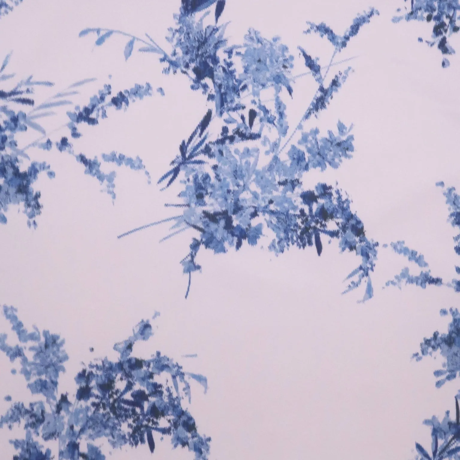 Blue Florals on White Background Printed Chine Raso Duchesse Fabric