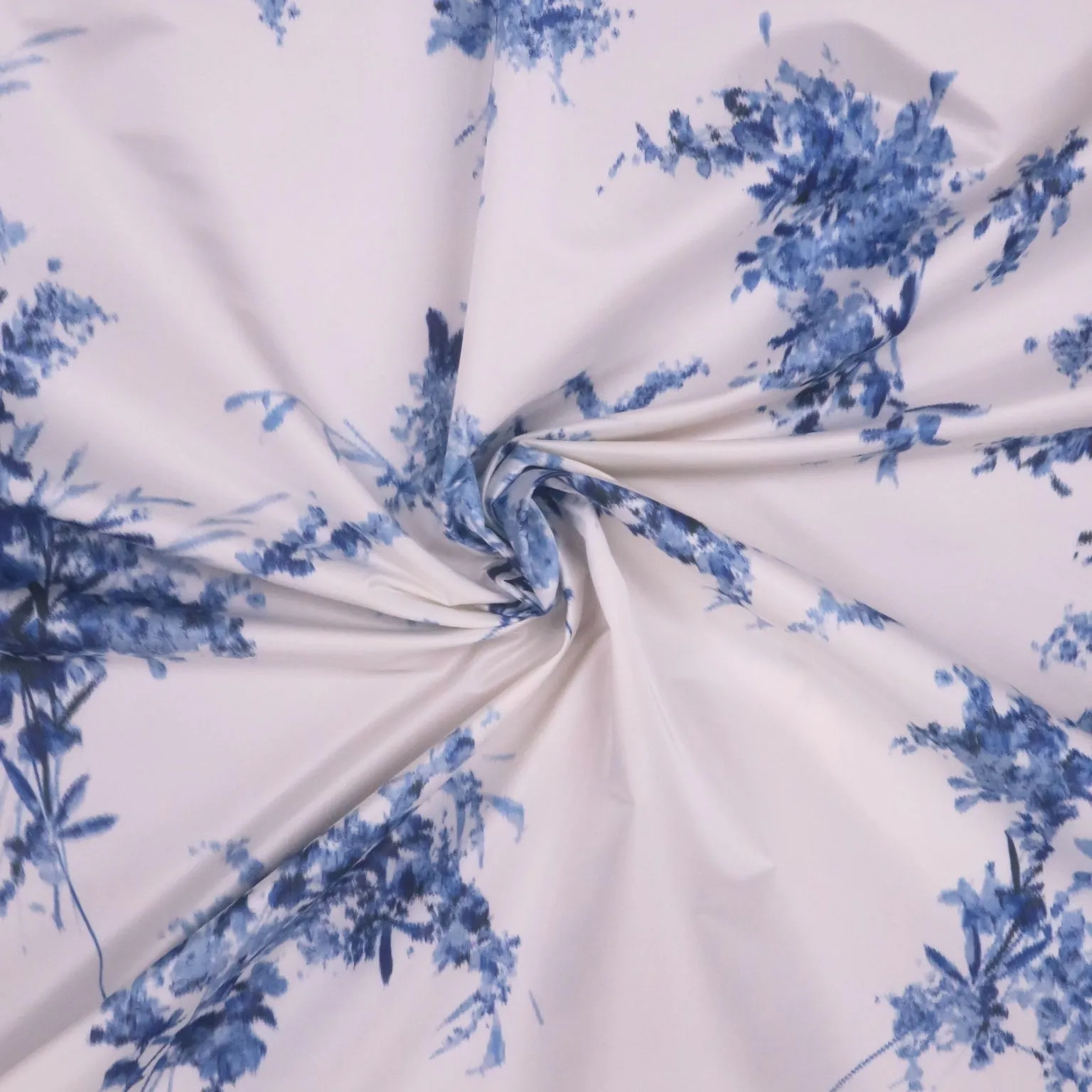 Blue Florals on White Background Printed Chine Raso Duchesse Fabric