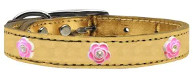Bright Pink Rose Widget Genuine Metallic Leather Dog Collar Gold 22