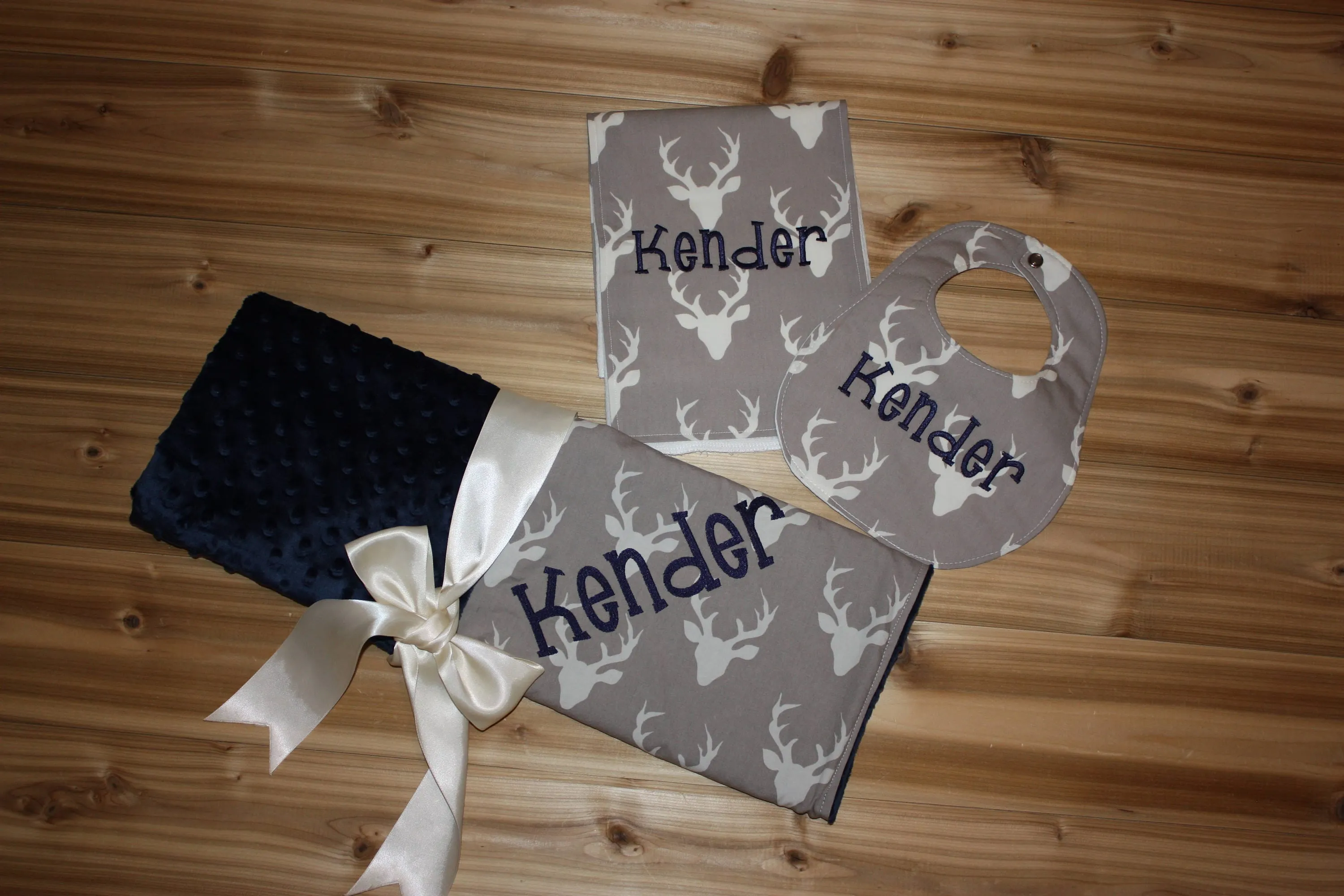 Buck / Deer- Personalized Baby Minky Blanket and Bib & Burp Cloth