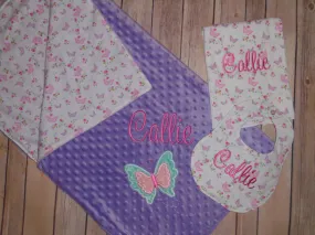 Butterfly Baby Girl Gift Set! Personalized Butterfly Fabric Print and Lavender Minky Blanket, Bib & Burp Cloth