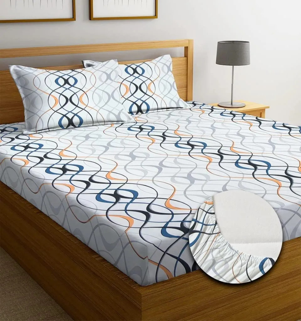 Castiqa Elastic Fitted Supersoft Premium Polycotton 200TC Queen Size Bedsheets with 2 Pillow Covers (Fits Upto Mattress of 8Inches) (Queen (60x78), Sketchered)
