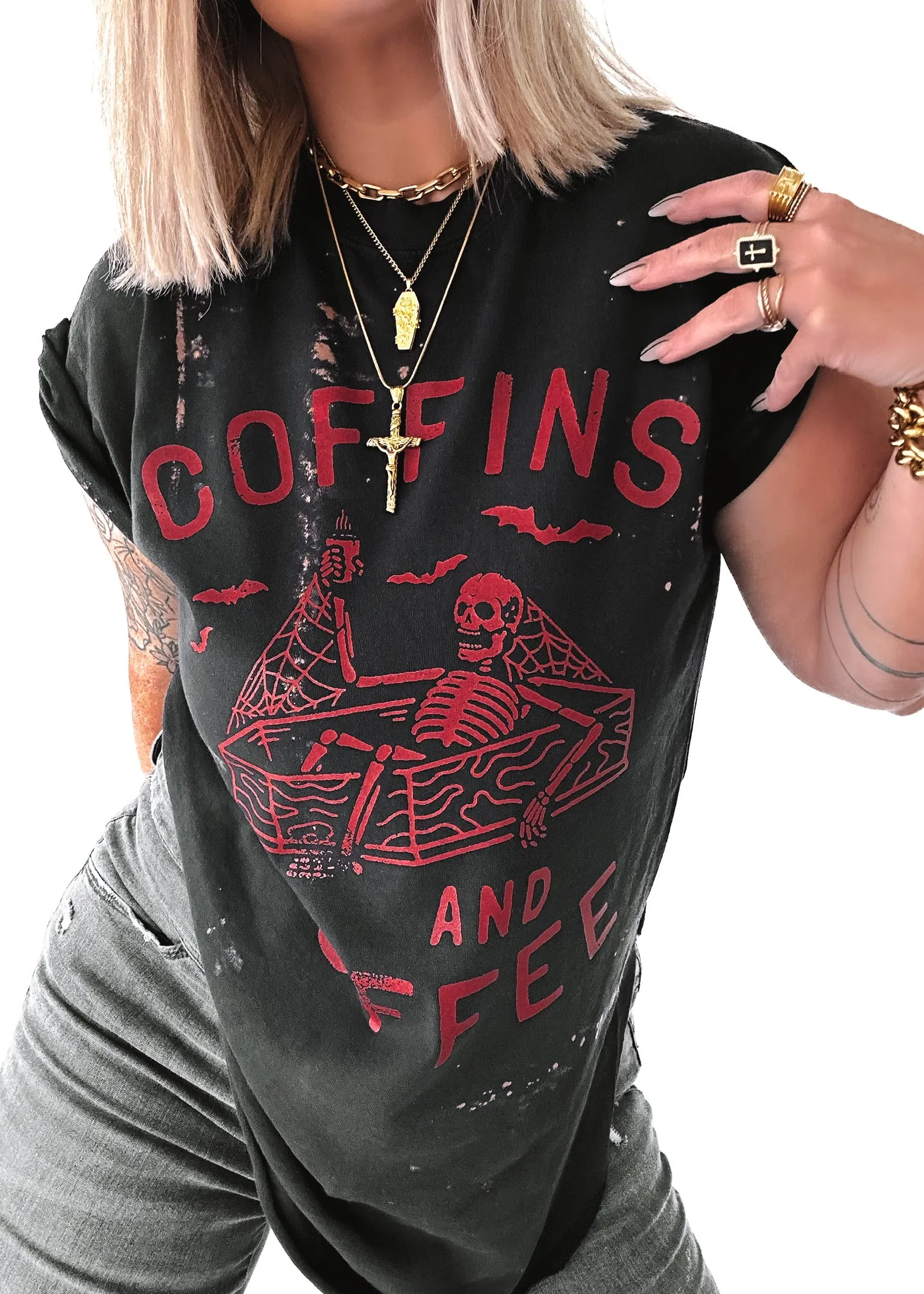 COFFINS AND COFFEE BLEACHED OUT SIDE SLIT TEE