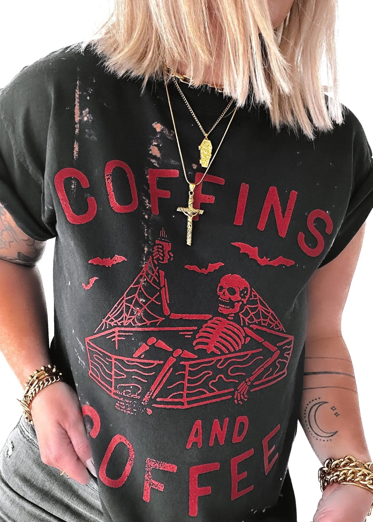 COFFINS AND COFFEE BLEACHED OUT SIDE SLIT TEE