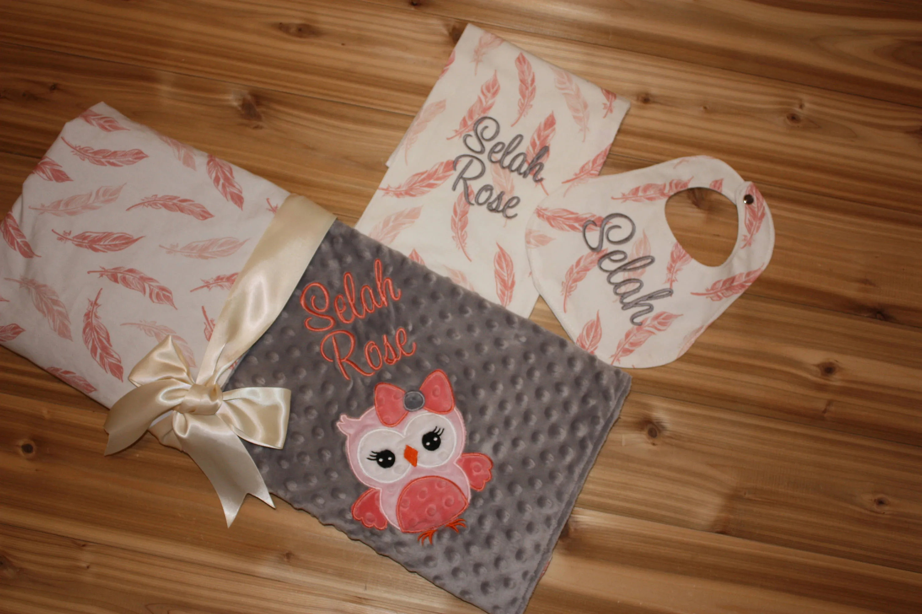 Coral and Pink Feathers Boutique Bib and Burp Cloth set - Personalized Bib & Burp