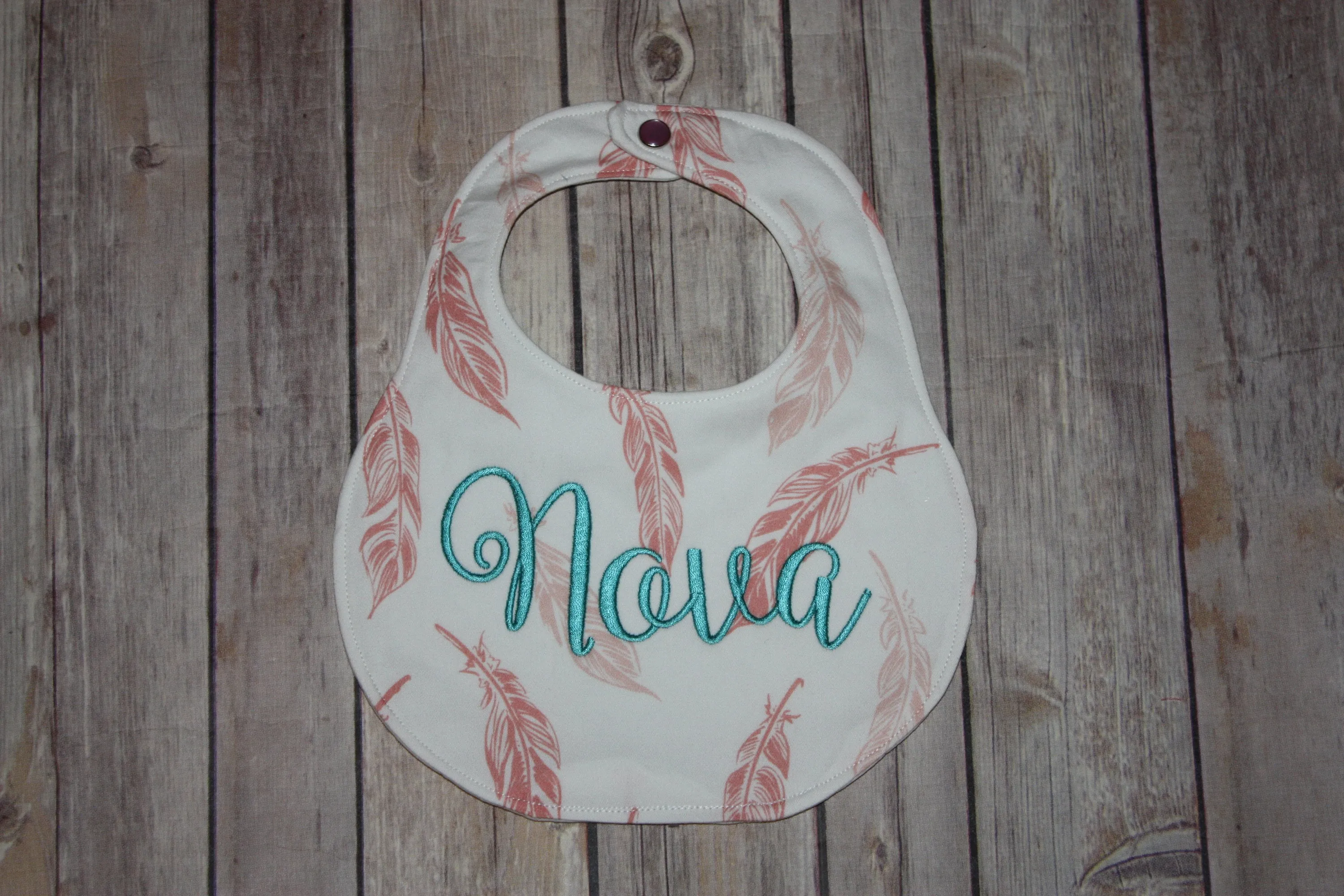 Coral and Pink Feathers Boutique Bib and Burp Cloth set - Personalized Bib & Burp