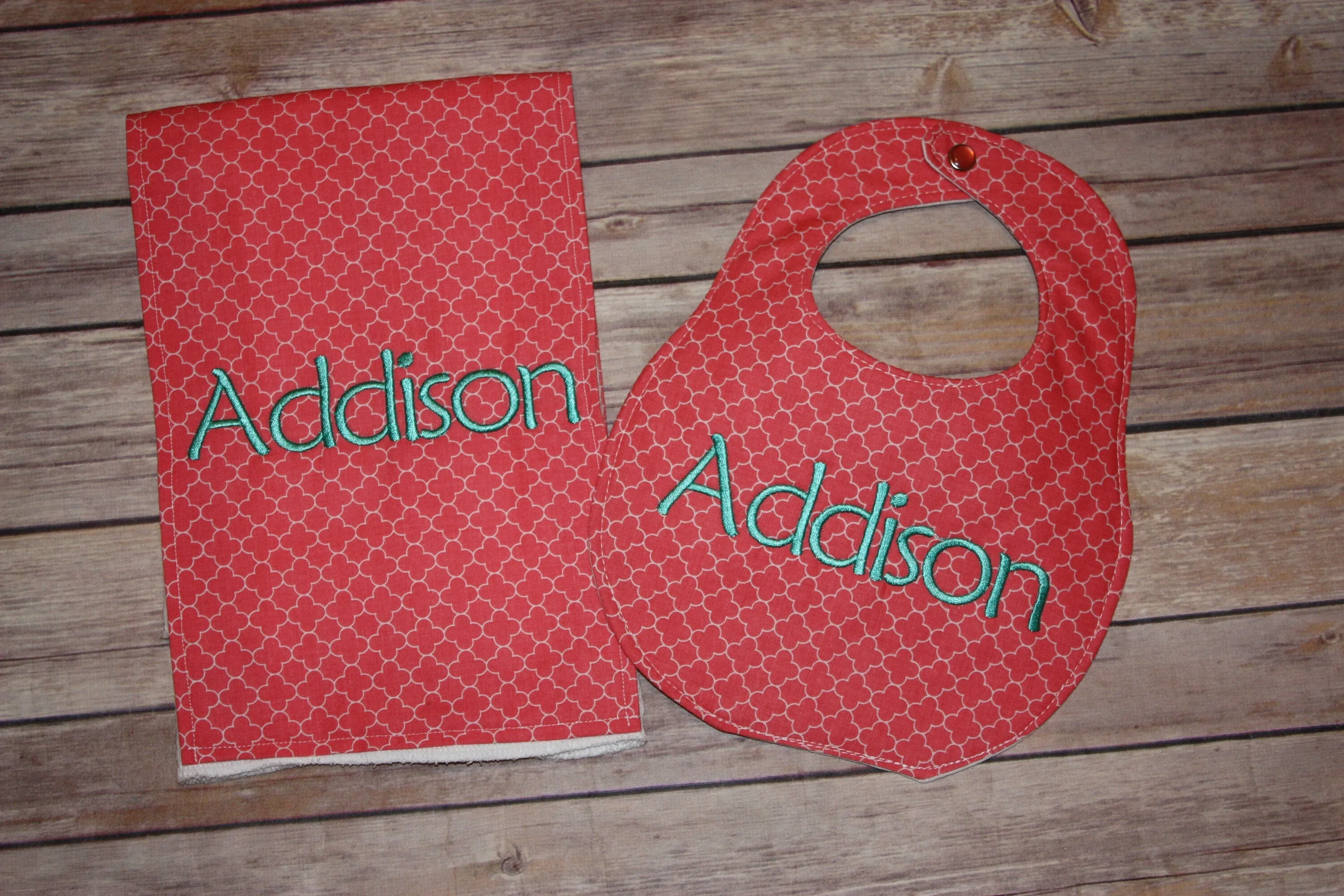 Coral Quatrefoil  - Personalized Boutique Bib and Burp cloth set