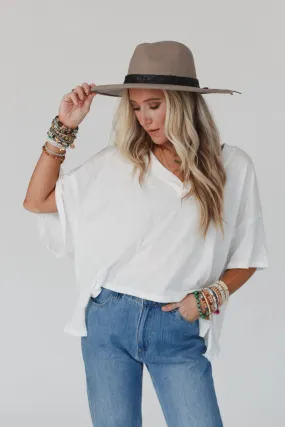 Cozy Oversized Slub V Neck Top - White Cozy Oversized Slub V Neck Top - White