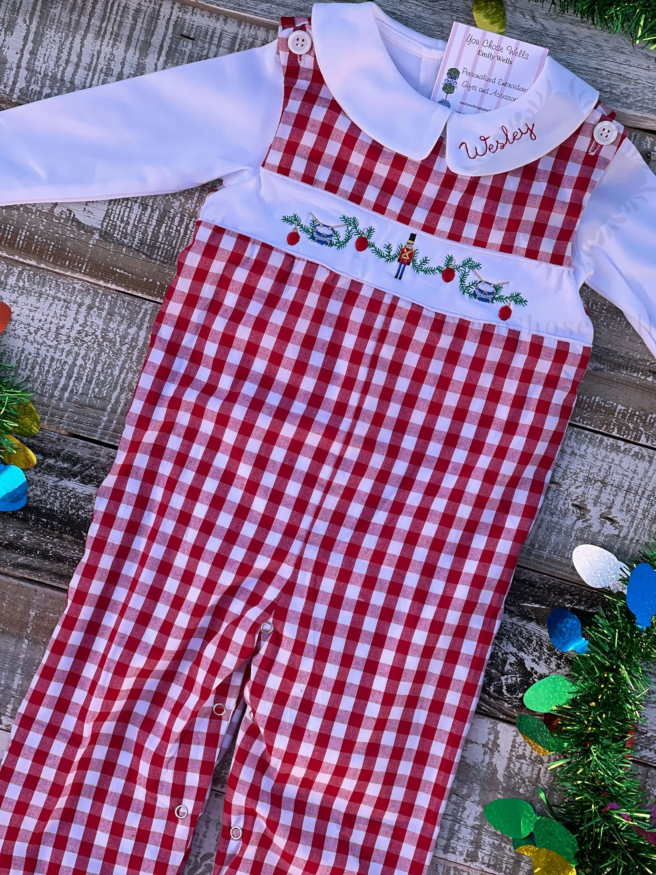 Custom Embroidered Faux Smocked Nutcracker Red Gingham Longall